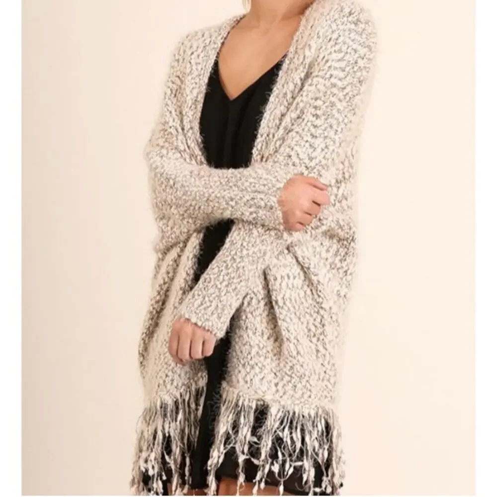 Umgee Cuddle Up Fringe‎ Longline Cardiagan Sweater Gray White Cozy Boho Fall